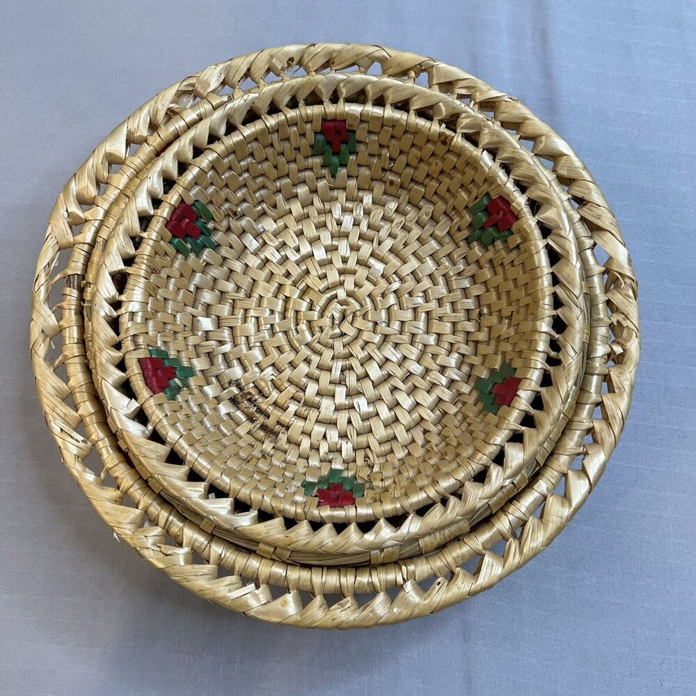 Set of 3 Woven Wicker Nesting Baskets Rose Floral Decorative - Picture 3 of 8